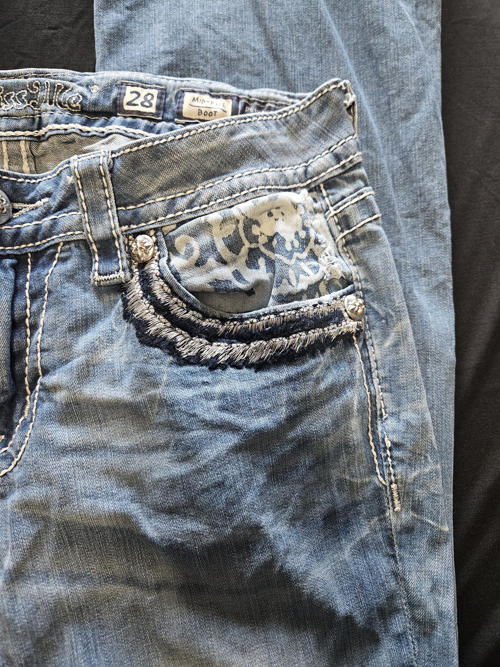 Miss Me Light Blue Boot Cut Jeans with Fringe Pocket Detail - Picture 2 of 7